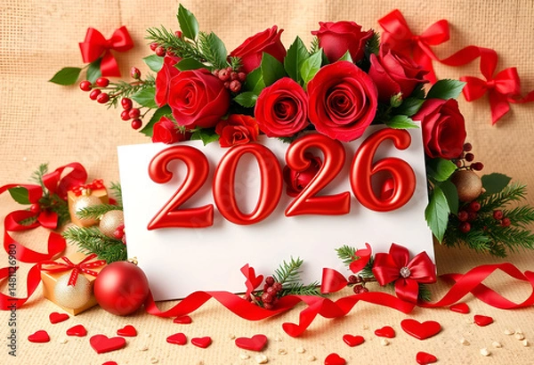 Fototapeta Happy new year 2026 greeting card with red roses and festive decoration christmas greeting card with red roses