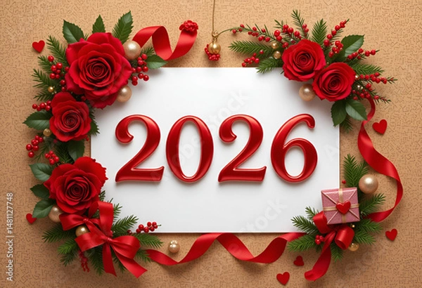 Fototapeta Happy new year 2026 greeting card with red roses and festive decoration christmas greeting card with red roses