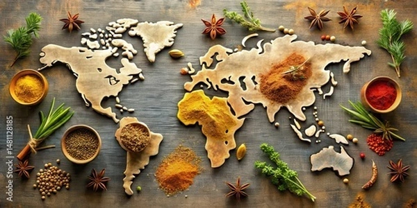 Obraz A World of Culinary Delights Aromatic Spices and Herbs Arranged on a Wooden World Map