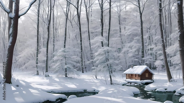 Fototapeta Illustration depicts a serene winter scene. A small, rustic cabin sits beside a partially frozen stream, nestled amongst tall, snow-covered bare trees. The soft, diffused light bathes the tranquil.