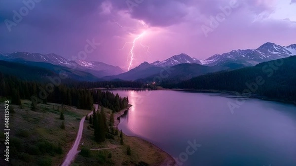 Fototapeta Witness a Pink Lightning Bolt Flashing Over a Pristine Aquatic Landscape in High-Speed Nature Photography