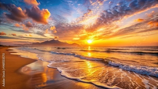 Obraz Golden Hour Serenity Ocean Waves Gently Kissing a Sandy Shore at Sunset, with Distant Mountains Silhouetted Against a Vibrant Sky