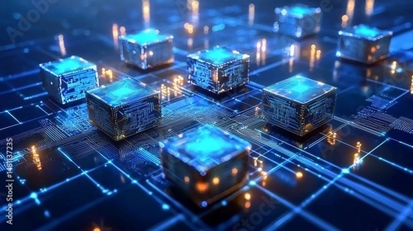 Fototapeta Digital blockchain inspired futuristic background, interconnected cryptographic nodes with artificial intelligence analysis visuals in modern digital art style
