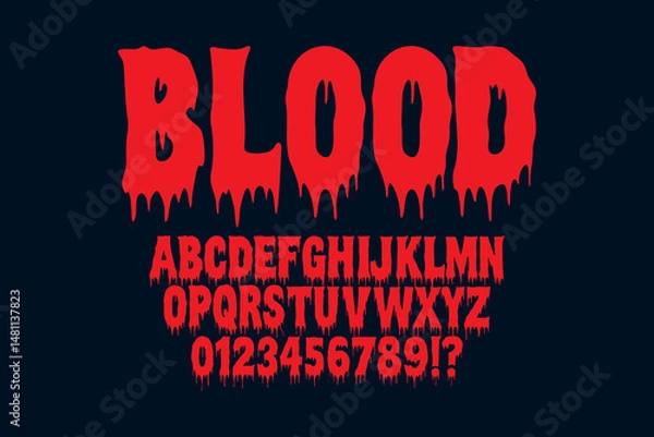 Fototapeta Horror alphabet design. Handmade dripping blood font and number