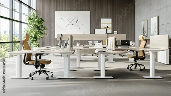 Obraz Modern office space with adjustable height desks and comfortable chairs.