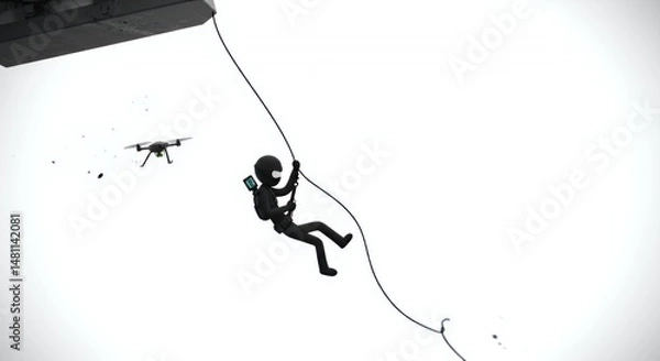 Fototapeta Stealthy Black Stickman Secret Agent Rappelling from Above in White Background with Gadgets High Angle