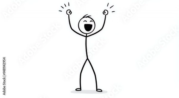 Fototapeta Celebrating Victory Stickman Athlete with Arms Raised High Isolated on White Background Represents Success and Motivation in Occupation Business