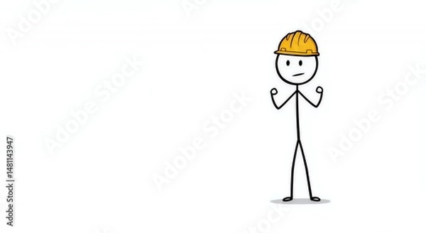 Fototapeta Determined Stickman Construction Worker with Yellow Hard Hat Isolated on White Symbolizing Hard Work and Resilience