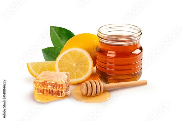 Fototapeta Honey jar with natural honey comb and lemon fruits  isolated on white background.