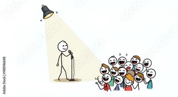 Fototapeta Hilarious Stickman Stand Up Comedian Delivers Punchline Under Spotlight on White Background with Laughing Stick Figure Audience Illustration