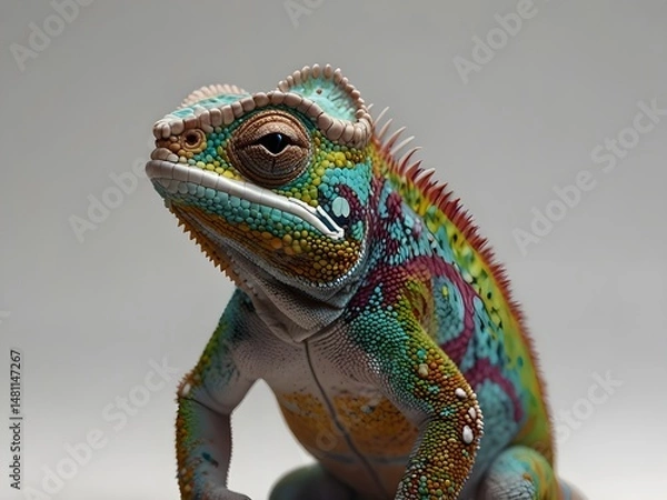 Obraz Close up of a colorful chameleon with vibrant skin patterns in shades of green, blue, yellow, and pink, showcasing its unique texture and distinctive features against neutral background.