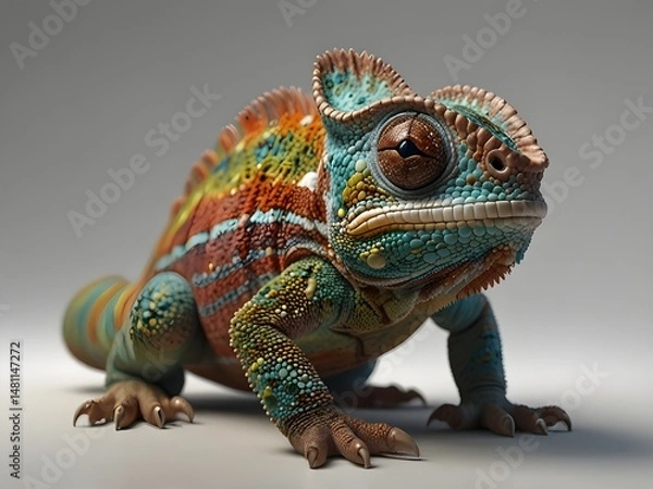 Obraz Colorful chameleon with skin in shades of blue, green, orange, and brown, standing against a neutral background. Exotic pet, wildlife and nature concepts.