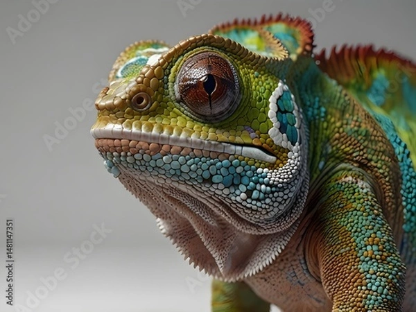 Obraz Detailed close up of a colorful chameleon featuring vibrant green, blue, and brown scales, showcasing its unique texture and intricate eye structure on a neutral background.