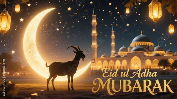 Fototapeta Eid ul Adha Mubarak celebration with a serene and festive night scene featuring a silhouette of a goat standing gracefully in the foreground. Eid al Adha, Eid al Adha Mubarak, Eid Mubarak
