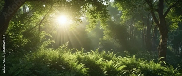Fototapeta Sunlight filters through dense foliage, creating a radiant, green glow,  radiant,  beam