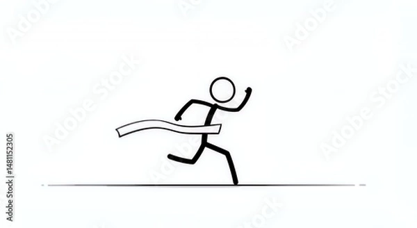 Fototapeta Stickman Athlete Crossing a Finish Line on White Background Illustrating Triumph and Achievement in Minimalist Style