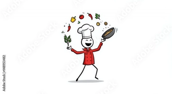 Fototapeta Stickman Chef Tossing Ingredients on White Background in Red Uniform Representing Culinary Profession