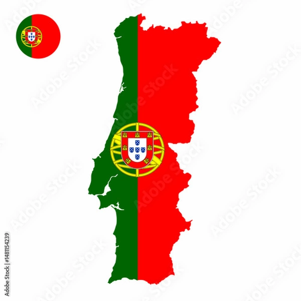 Fototapeta Vector set of Portugal high detailed map flag and national flag round badge isolated on white background.