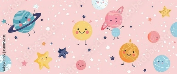Fototapeta Flat happy planet characters, simple geometric cosmic elements, and minimal star patterns on a soft pastel galaxy background.