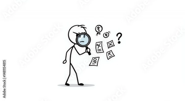 Fototapeta Stickman Detective Examining Clues with Magnifying Glass on White Background Symbolizing Mystery Deduction and Investigation