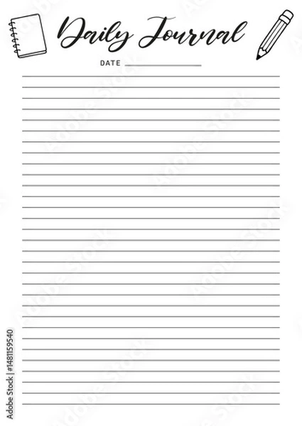 Fototapeta Daily journal Summer Journal Printable Planner Page Template, Vector Illustration, A4 and A5 Sizes, Hand Drawn Doodle Style. Planner pages bullet journal A5 A4 format