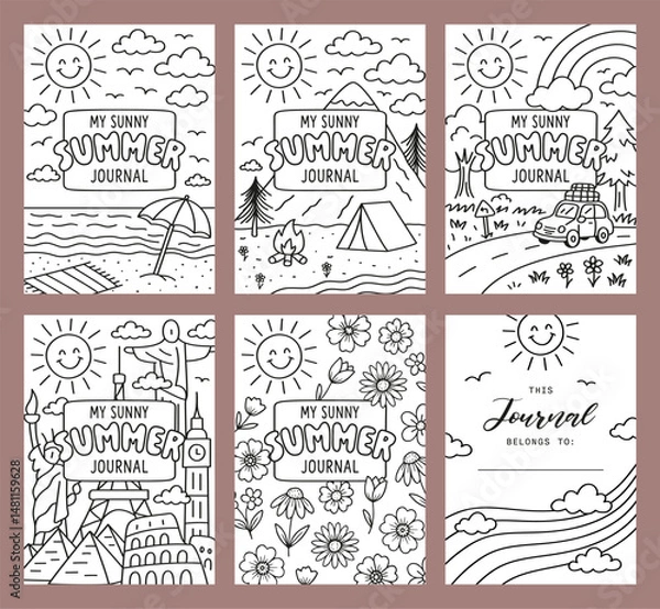 Fototapeta Cover page Set Summer Journal Printable Planner Page Template, Vector Illustration, A4 and A5 Sizes, Hand Drawn Doodle Style. Planner pages bullet journal A5 A4 format