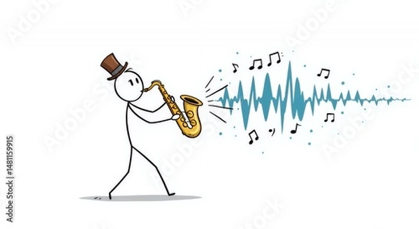 Fototapeta Stickman Musician Playing Saxophone with Teal Soundwaves and Musical Notes Isolated on White Background with Black Top Hat