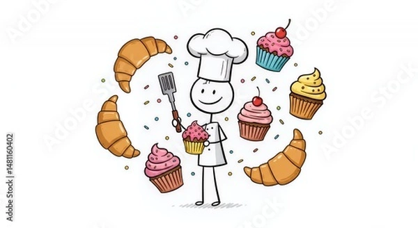 Fototapeta Stickman Pastry Chef Surrounded by Cupcakes and Croissants on White Background Wearing Chef Hat Representing Culinary Profession and Sweet Desserts Delight