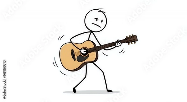 Fototapeta Stickman Plays Guitar with Passionate Flair Isolated on White Background Depicting Energetic Musical Performance