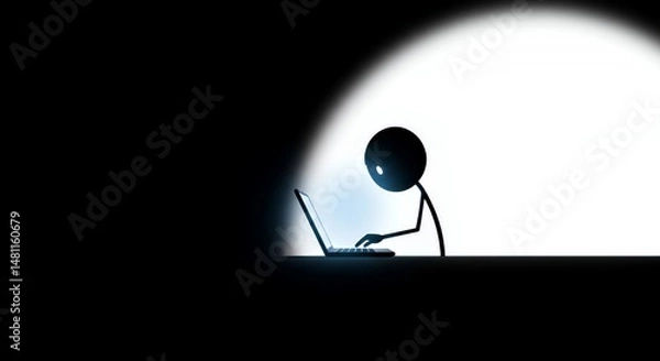 Fototapeta Stickman Programmer Diligently Coding in Dark Room Isolated on White Demonstrating Focus and Dedication