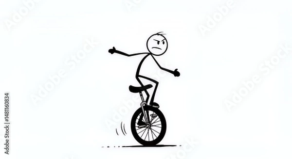 Fototapeta Stickman Riding a Unicycle on White Background Minimalist Design