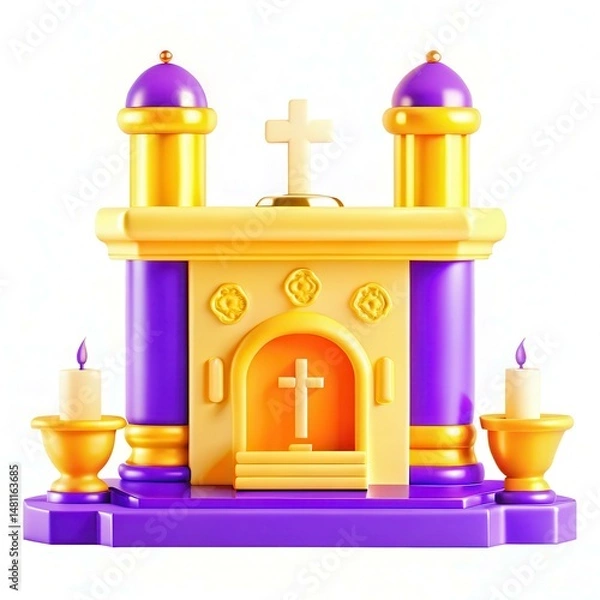 Obraz A colorful altar with golden and purple columns, candles, and a cross atop, showcasing modern design elements.