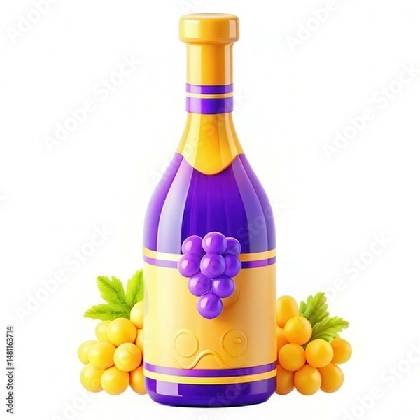 Obraz A whimsical bottle design with grapes and leaves, featuring a colorful purple and yellow scheme.