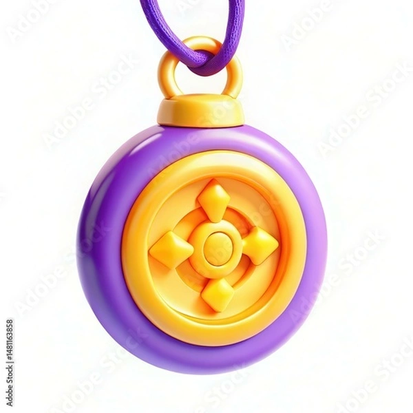 Obraz A colorful purple and yellow pendant with a unique design, featuring a circular shape and decorative buttons.