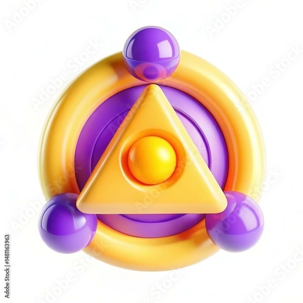 Obraz A vibrant 3D design featuring geometric shapes, including a triangle and spheres in bright colors like purple, yellow, and orange.