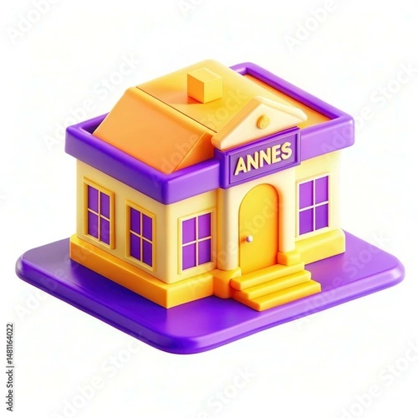 Obraz A colorful plastic toy house with yellow and purple colors, featuring a door and steps, labeled 'ANNES'.