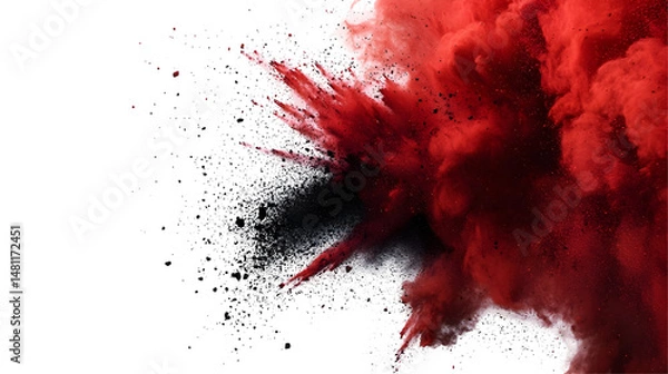 Fototapeta Explosive eruption: Vivid crimson and grayscale pigment eruption on stark background