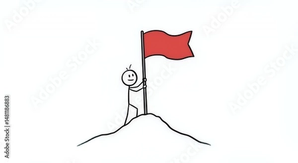 Fototapeta Stickman Planting Flag on Hill Symbolizing Business Success in White Background Promoting Motivation and Goal Achievement