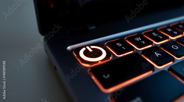 Fototapeta Close-Up of Illuminated Laptop Keyboard With Backlit Power Button