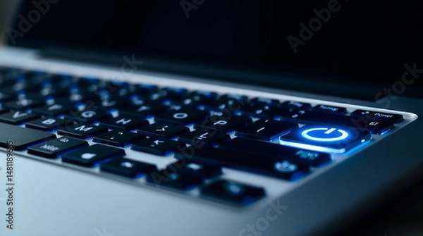 Fototapeta Close-Up of Illuminated Laptop Keyboard With Backlit Power Button