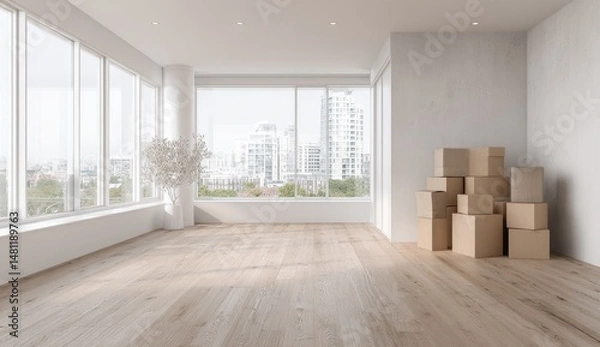 Fototapeta Empty room with moving boxes.  Spacious modern interior with city view