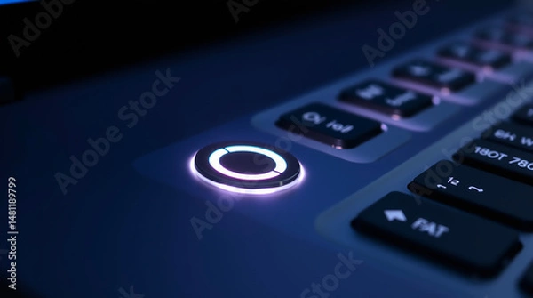 Fototapeta Close-Up of Illuminated Laptop Keyboard With Backlit Power Button
