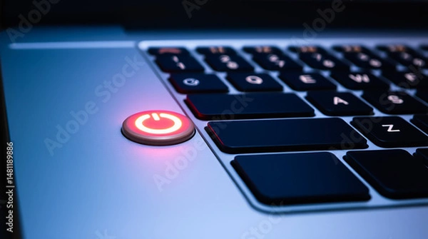 Fototapeta Close-Up of Illuminated Laptop Keyboard With Backlit Power Button