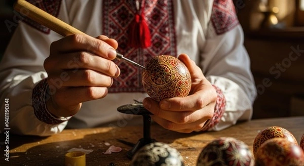 Obraz Artisan meticulously decorating an egg