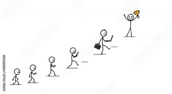 Fototapeta Stickman's Ascent A Staircase to Business Success in White Background