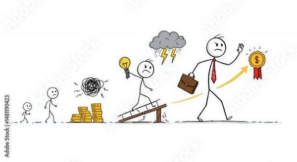 Fototapeta Stickman's Entrepreneurial Path on White Featuring Setbacks and Triumphs Symbolizing Business Motivation