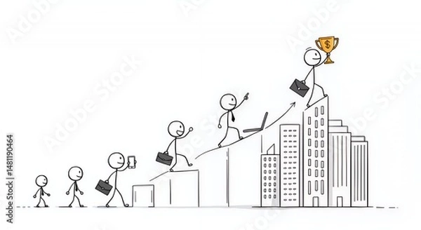 Fototapeta Stickman's Motivational Journey Climbing Steps Towards Trophy on Skyscraper Against a White Background Representing Business Aspirations From Humble Beginnings
