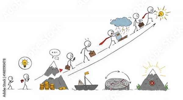 Fototapeta Stickman's Motivational Journey Depicts Triumph on White Background with Mountains Boats and Sun Symbolizing Resilience and Success