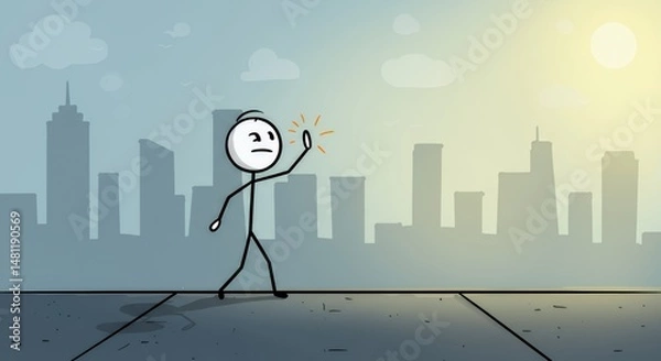 Fototapeta Stickman Self High Five with Cityscape Background Symbolizing Motivation and Success in Black and White Illustration