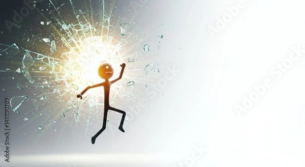 Fototapeta Stickman Shattering Glass Ceiling Symbolizing Business Motivation and Career Advancement in Bold Black and White Isolated on White Background